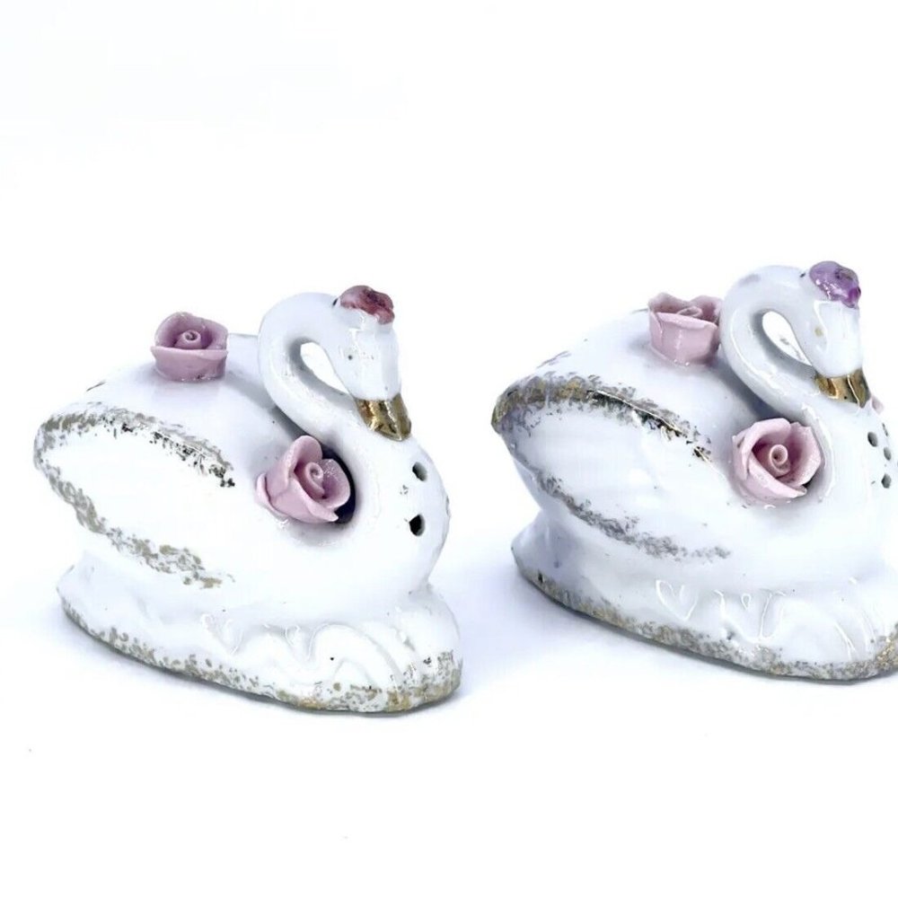 Antq 50s Swan Pink Gold Vtg Salt Pepper Shaker Set Bone China Shabby Chic MCM